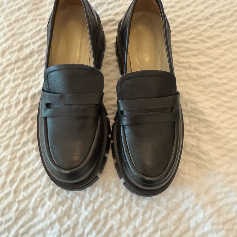 Black Leather Penny Loafers with Flat Heel